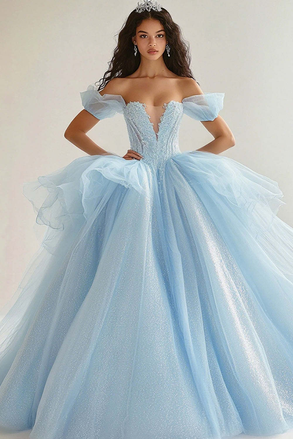 Leely Women Sky Blue Glitter Maxi Tulle Quinceanera Dress with Ruffles Off the Shoulder Princess Ball Gown Sweet 16 Dress