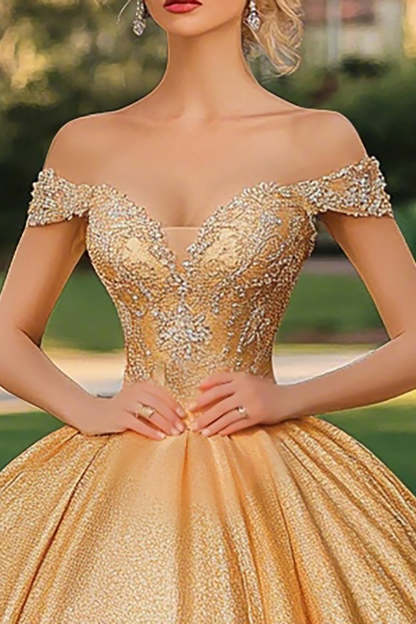 Glitter Gold Princess Ball Gown Off the Shoulder Maxi Quinceanera Dress