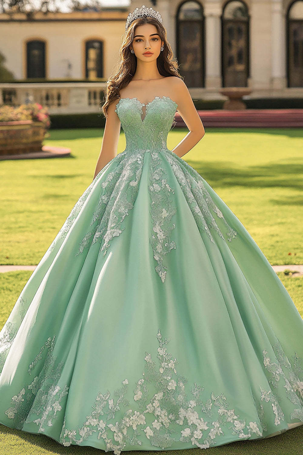 Leely Women Sage Green Floral Maxi Strapless Quinceanera Dress with Appliques Sweetheart Ball Gown Princess Sweet 16 Dress