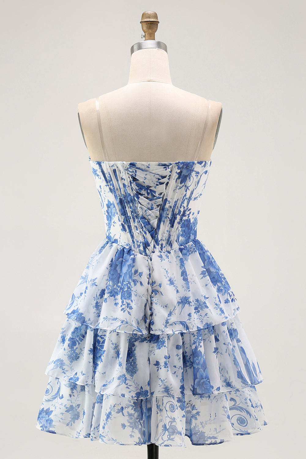 White Blue A Line Corset Short Floral Homecoming Dress with Ruffles