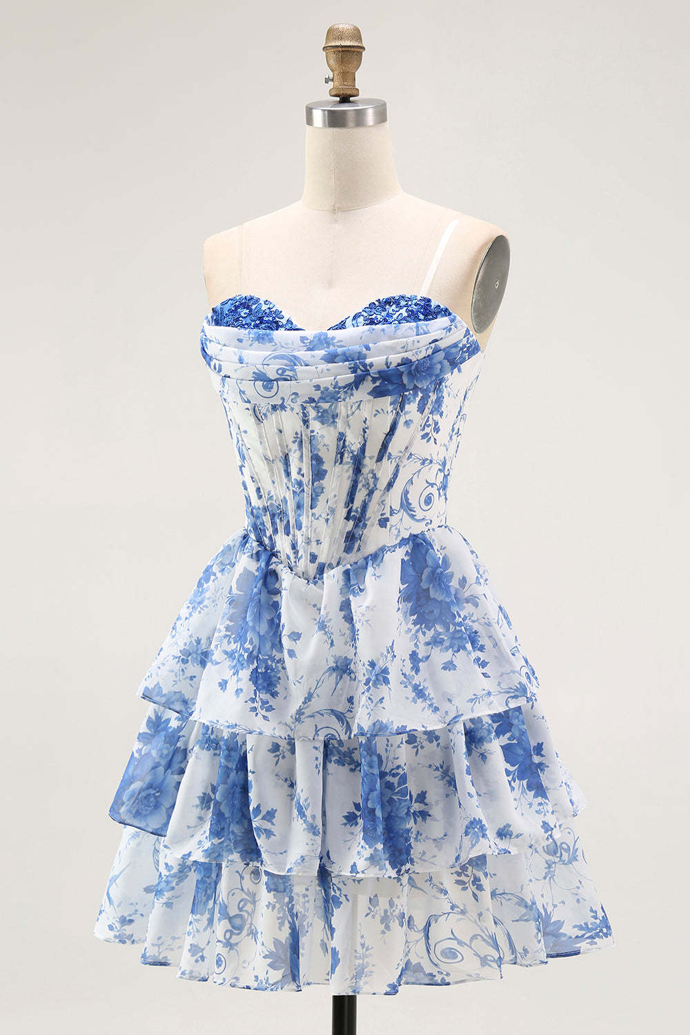 White Blue A Line Corset Short Floral Homecoming Dress with Ruffles