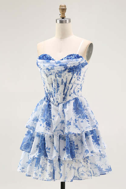 White Blue A Line Corset Short Floral Homecoming Dress with Ruffles