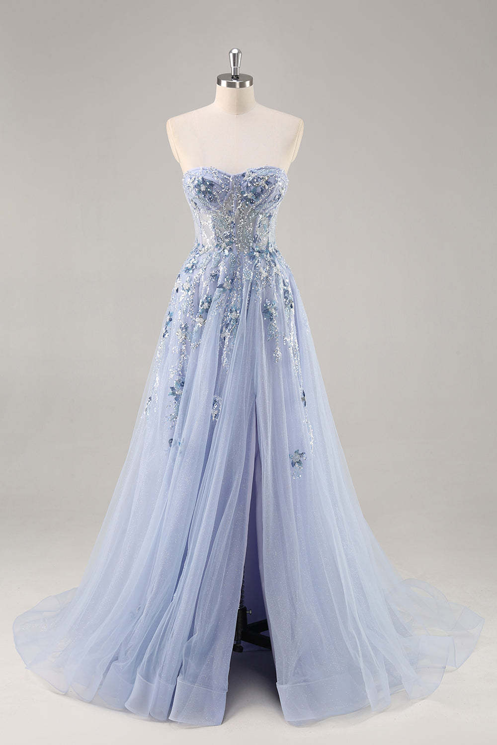 Sparkly Grey Blue Corset Sweetheart Appliqued Maxi Prom Dress with Slit