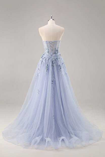 Sparkly Grey Blue Corset Sweetheart Appliqued Maxi Prom Dress with Slit