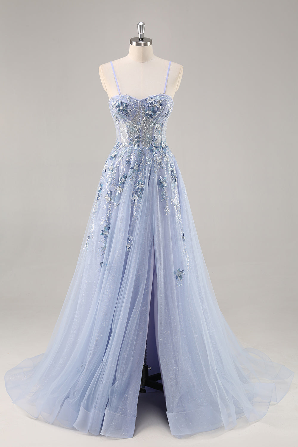 Sparkly Grey Blue Corset Sweetheart Appliqued Maxi Prom Dress with Slit