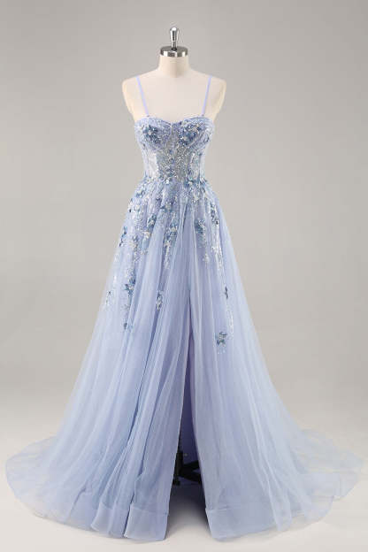 Sparkly Grey Blue Corset Sweetheart Appliqued Maxi Prom Dress with Slit