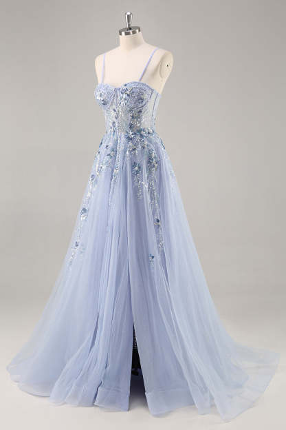 Sparkly Grey Blue Corset Sweetheart Appliqued Maxi Prom Dress with Slit