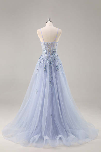 Sparkly Grey Blue Corset Sweetheart Appliqued Maxi Prom Dress with Slit