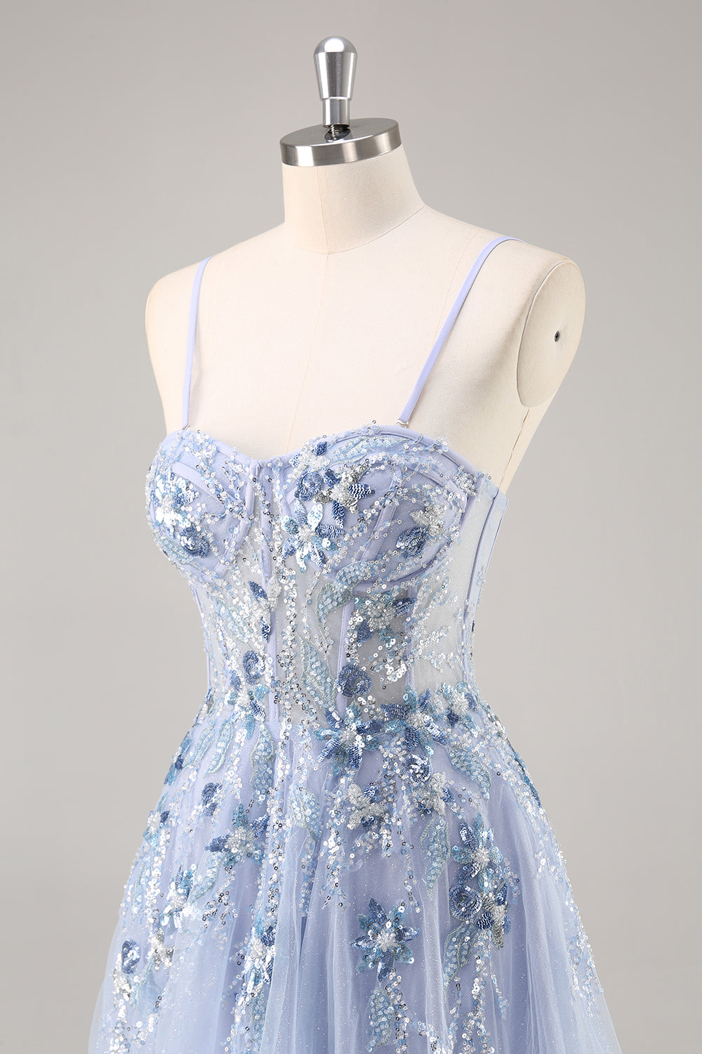 Sparkly Grey Blue Corset Sweetheart Appliqued Maxi Prom Dress with Slit