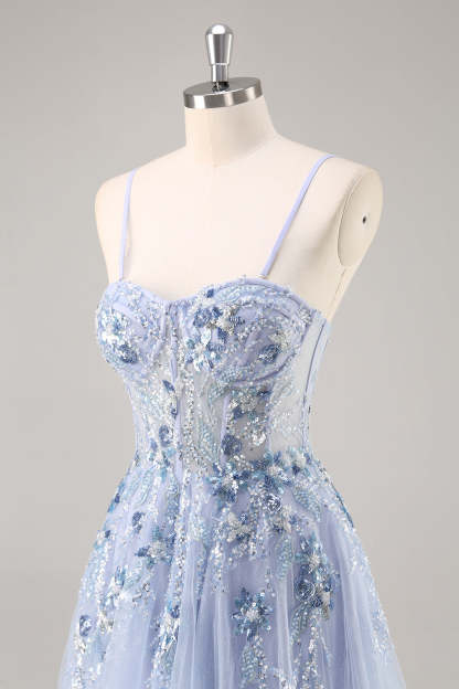 Sparkly Grey Blue Corset Sweetheart Appliqued Maxi Prom Dress with Slit