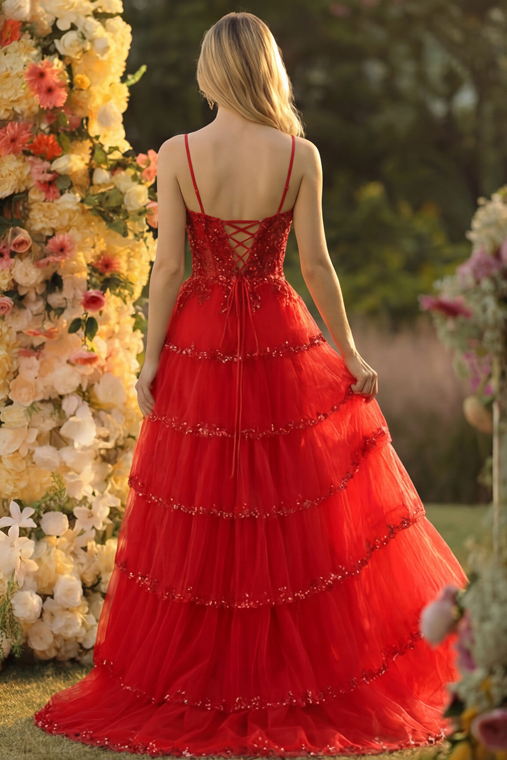 Sparkly Dark Red Sequins Corset Tiered Maxi Prom Dress with Slit