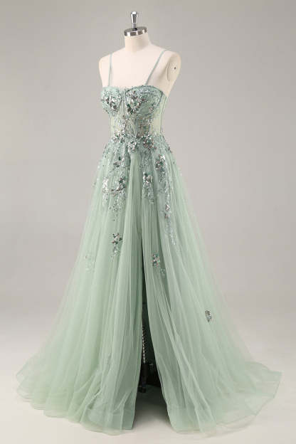 Sparkly Grey Blue Corset Sweetheart Appliqued Maxi Prom Dress with Slit