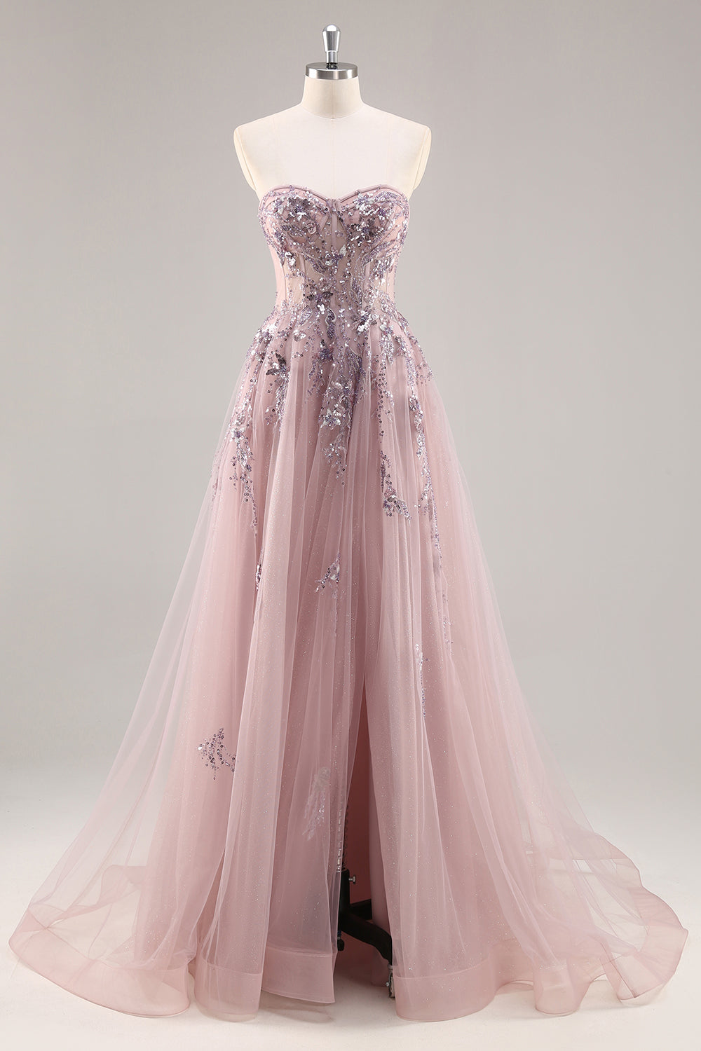 Sparkly Grey Blue Corset Sweetheart Appliqued Maxi Prom Dress with Slit