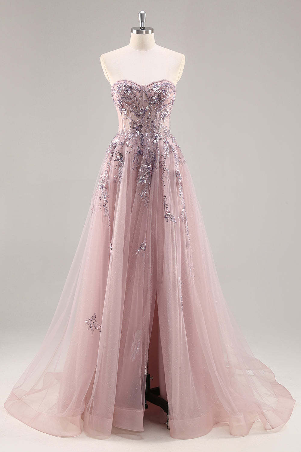 Sparkly Grey Blue Corset Sweetheart Appliqued Maxi Prom Dress with Slit