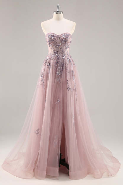 Sparkly Grey Blue Corset Sweetheart Appliqued Maxi Prom Dress with Slit