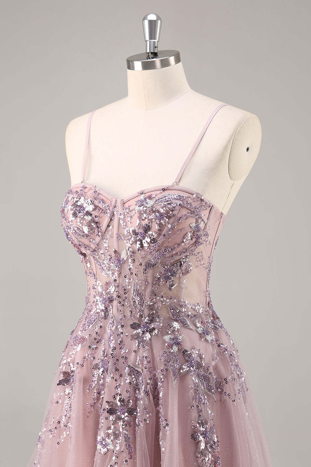 Sparkly Grey Blue Corset Sweetheart Appliqued Maxi Prom Dress with Slit