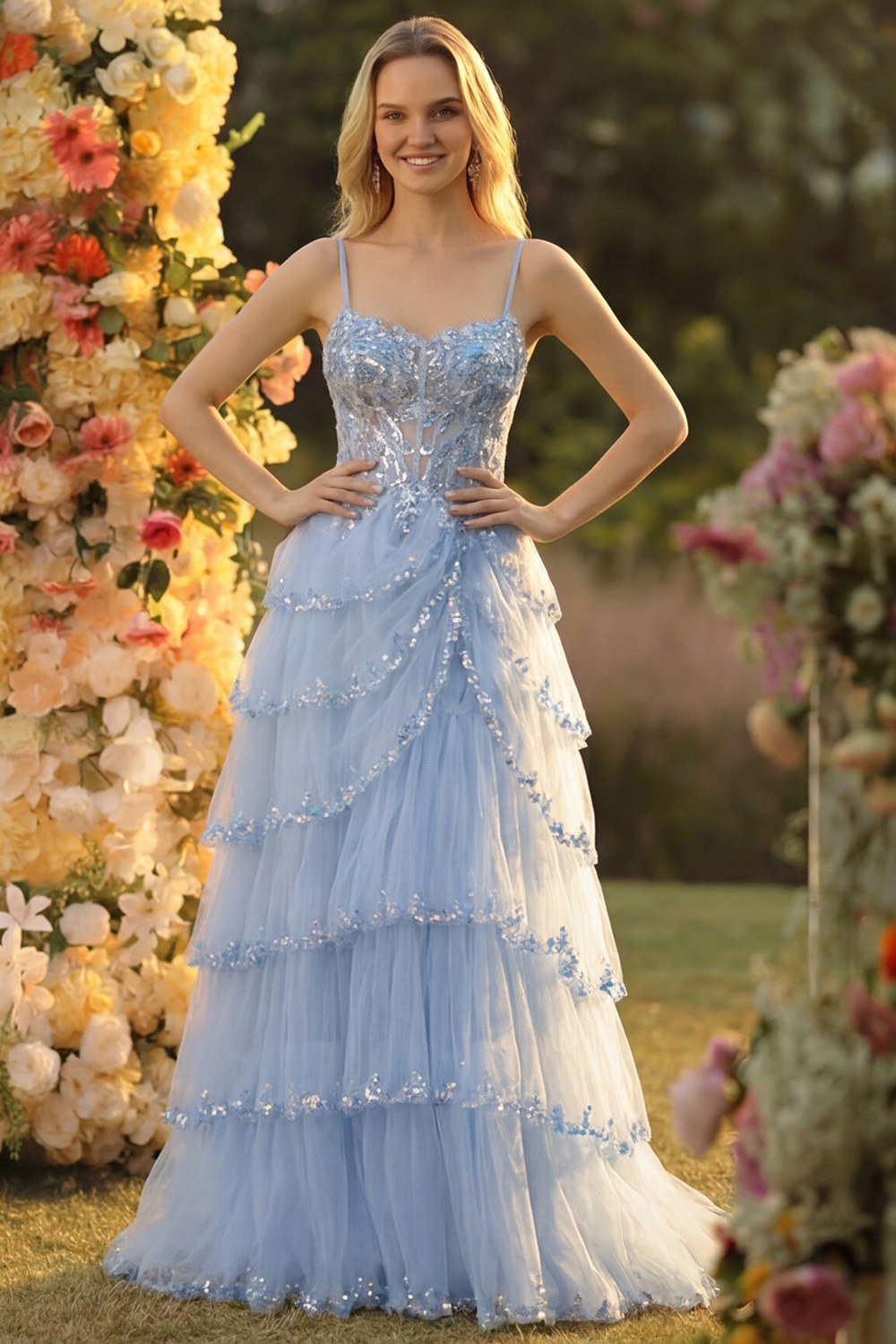 Sparkly Dark Red Sequins Corset Tiered Maxi Prom Dress with Slit