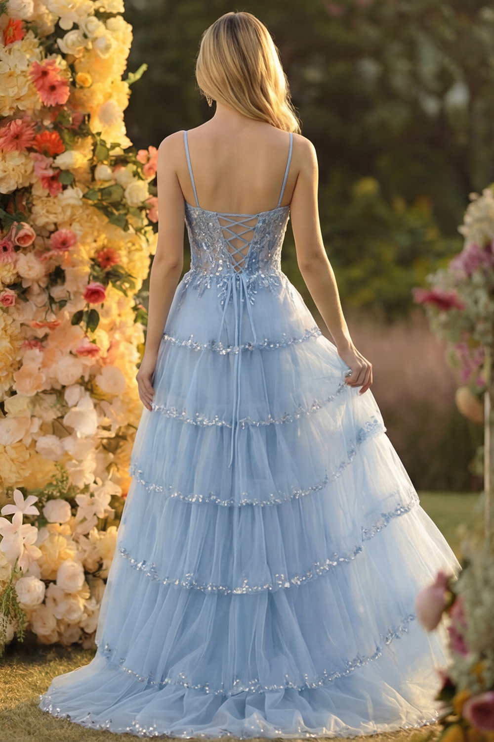 Sparkly Dark Red Sequins Corset Tiered Maxi Prom Dress with Slit