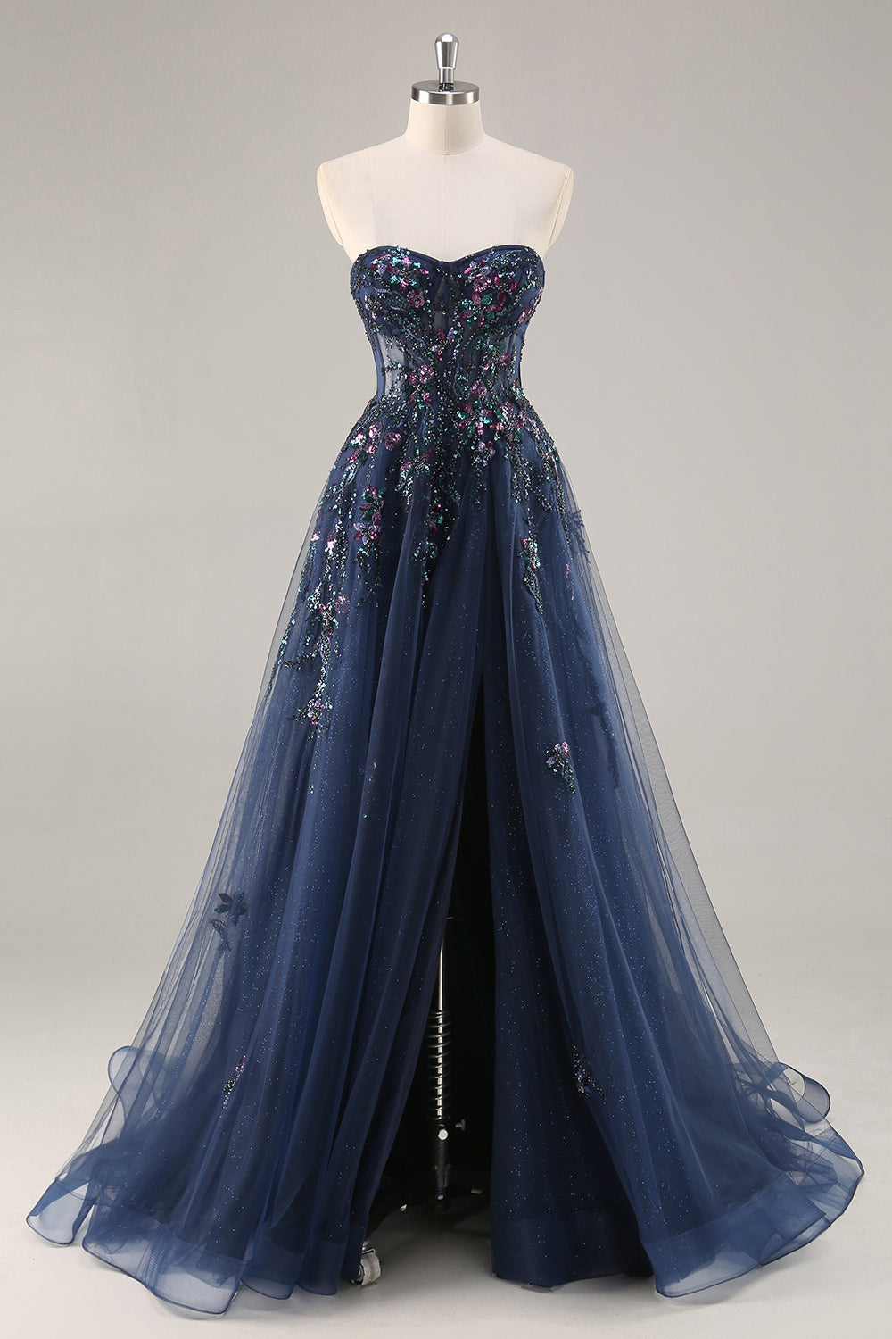 Maxi Sparkly Navy Corset Sweetheart Prom Dress with Appliques