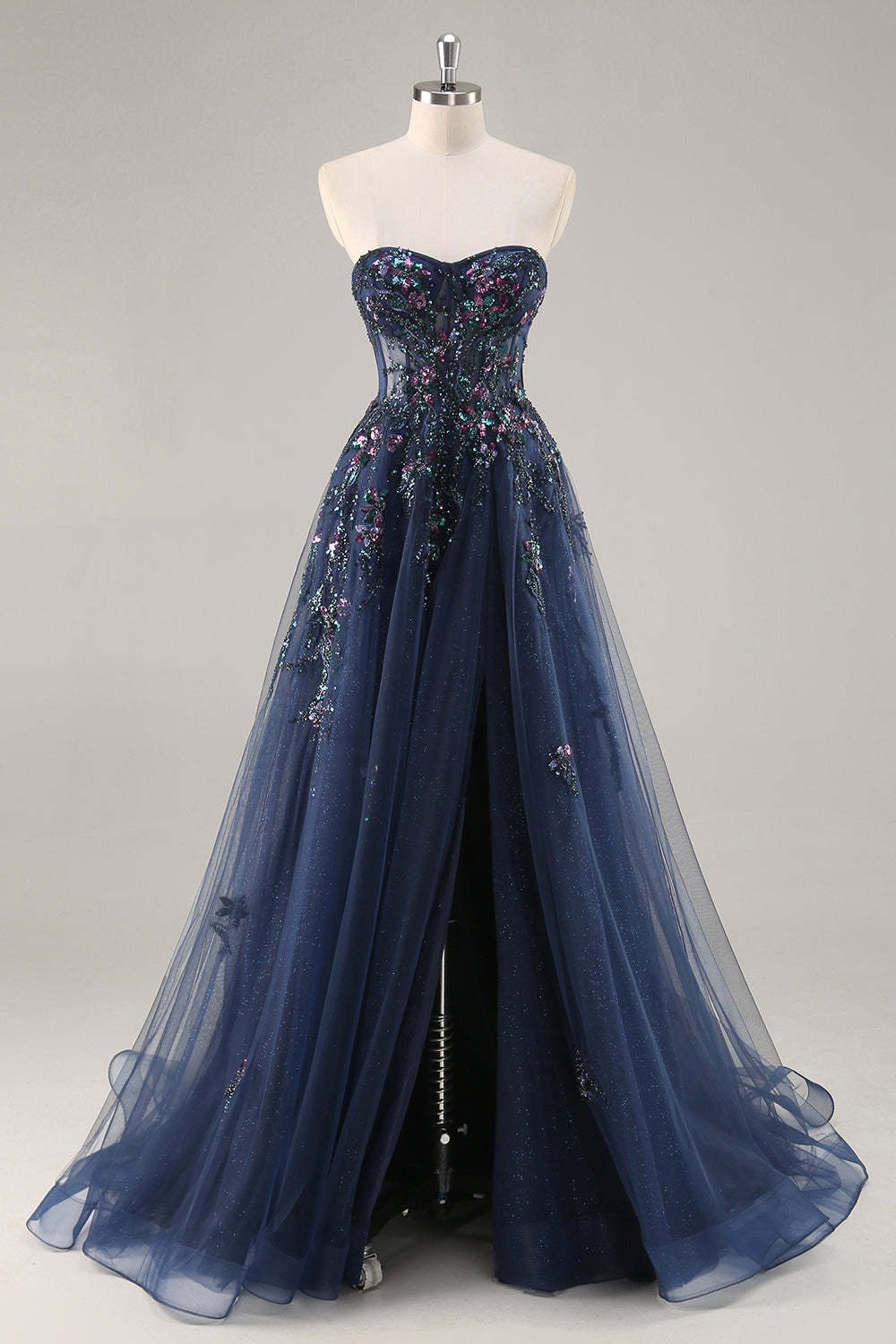 Sparkly Grey Blue Corset Sweetheart Appliqued Maxi Prom Dress with Slit