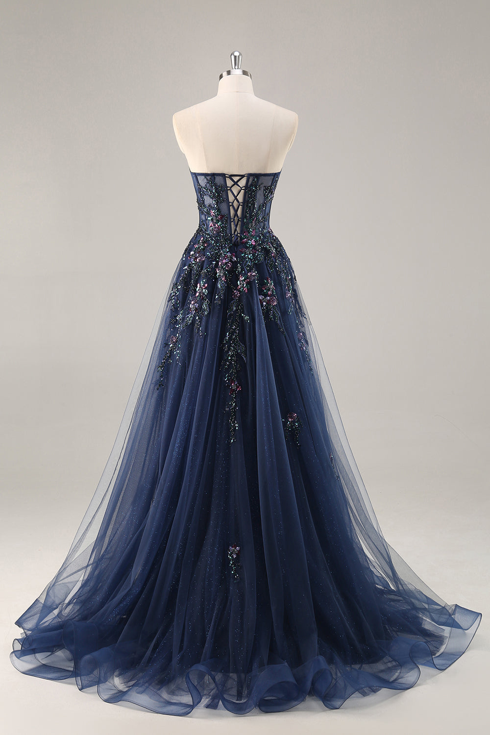Maxi Sparkly Navy Corset Sweetheart Prom Dress with Appliques