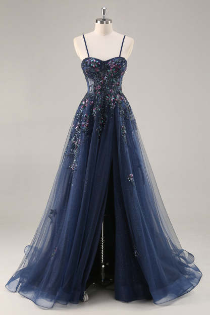 Sparkly Grey Blue Corset Sweetheart Appliqued Maxi Prom Dress with Slit