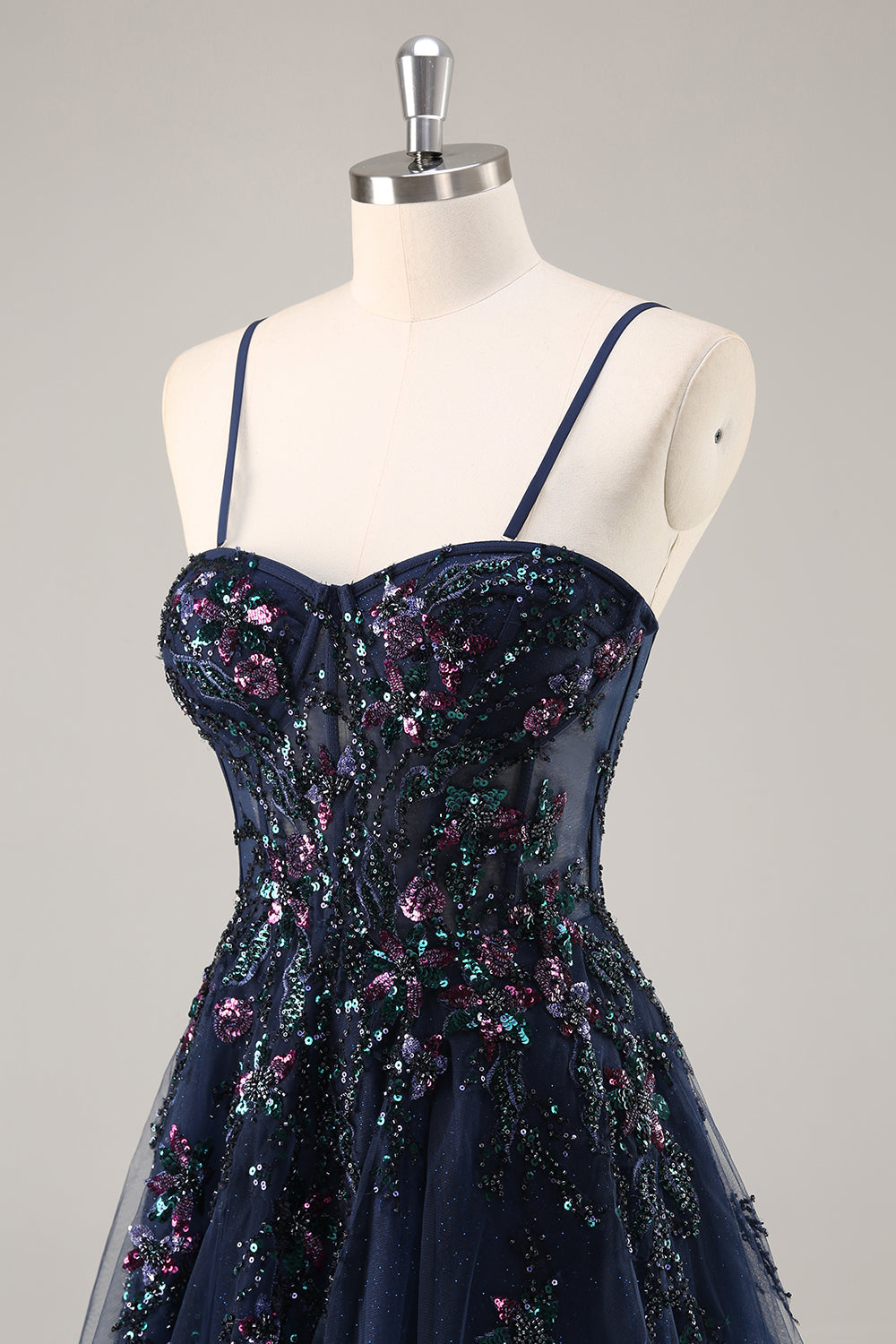 Sparkly Grey Blue Corset Sweetheart Appliqued Maxi Prom Dress with Slit