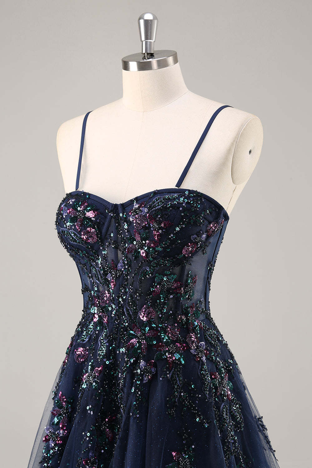 Sparkly Grey Blue Corset Sweetheart Appliqued Maxi Prom Dress with Slit