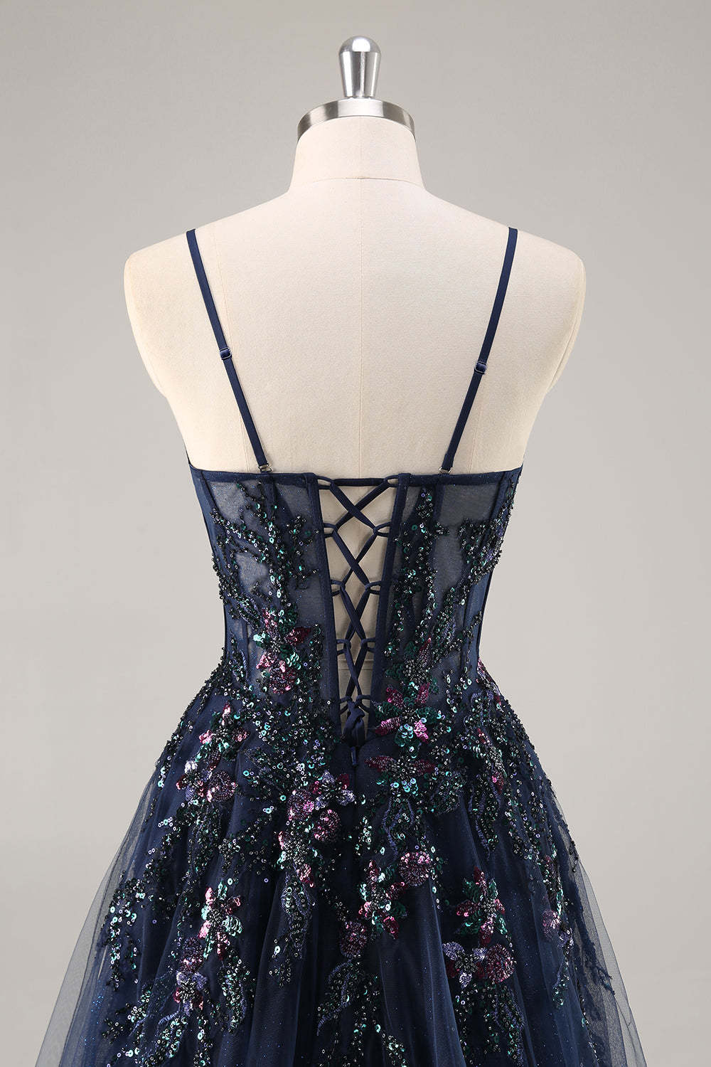 Sparkly Grey Blue Corset Sweetheart Appliqued Maxi Prom Dress with Slit