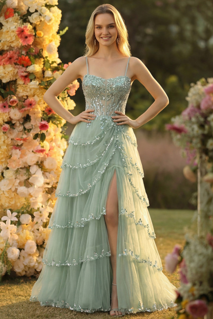 Sparkly Dark Red Sequins Corset Tiered Maxi Prom Dress with Slit