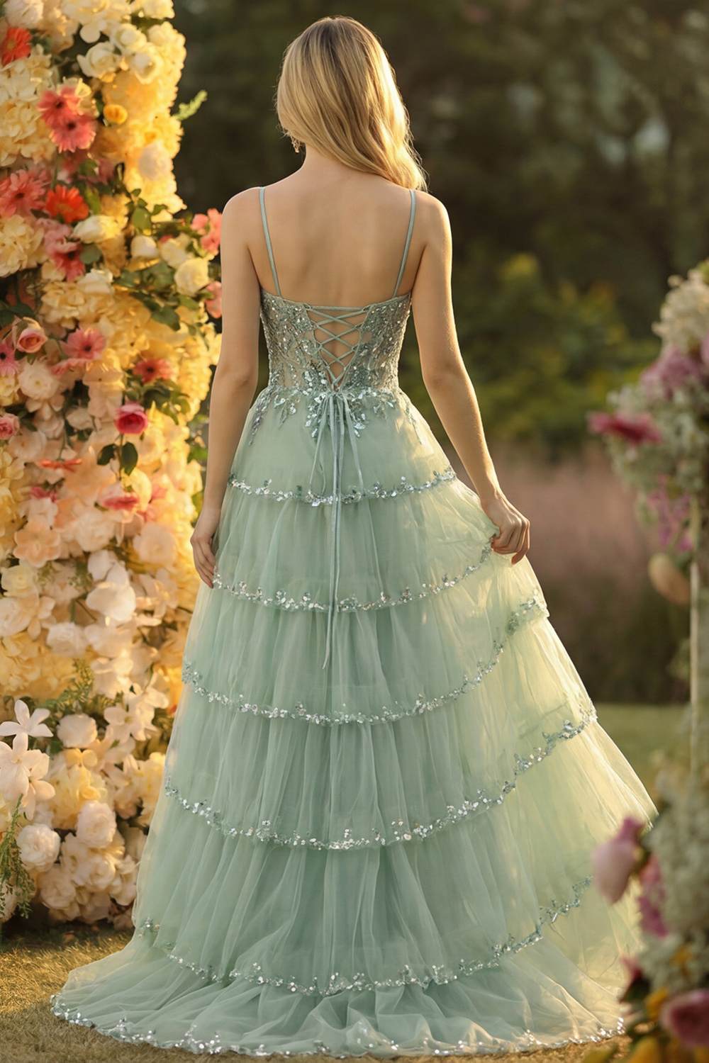 Sparkly Dark Red Sequins Corset Tiered Maxi Prom Dress with Slit