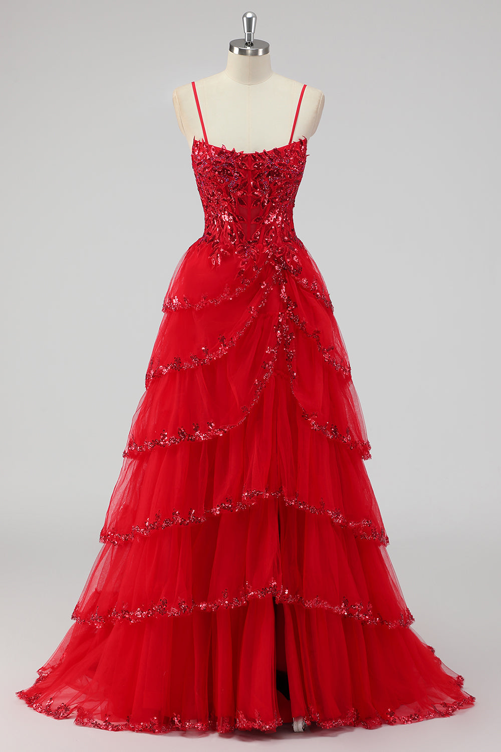 Sparkly Dark Red Sequins Corset Tiered Maxi Prom Dress with Slit