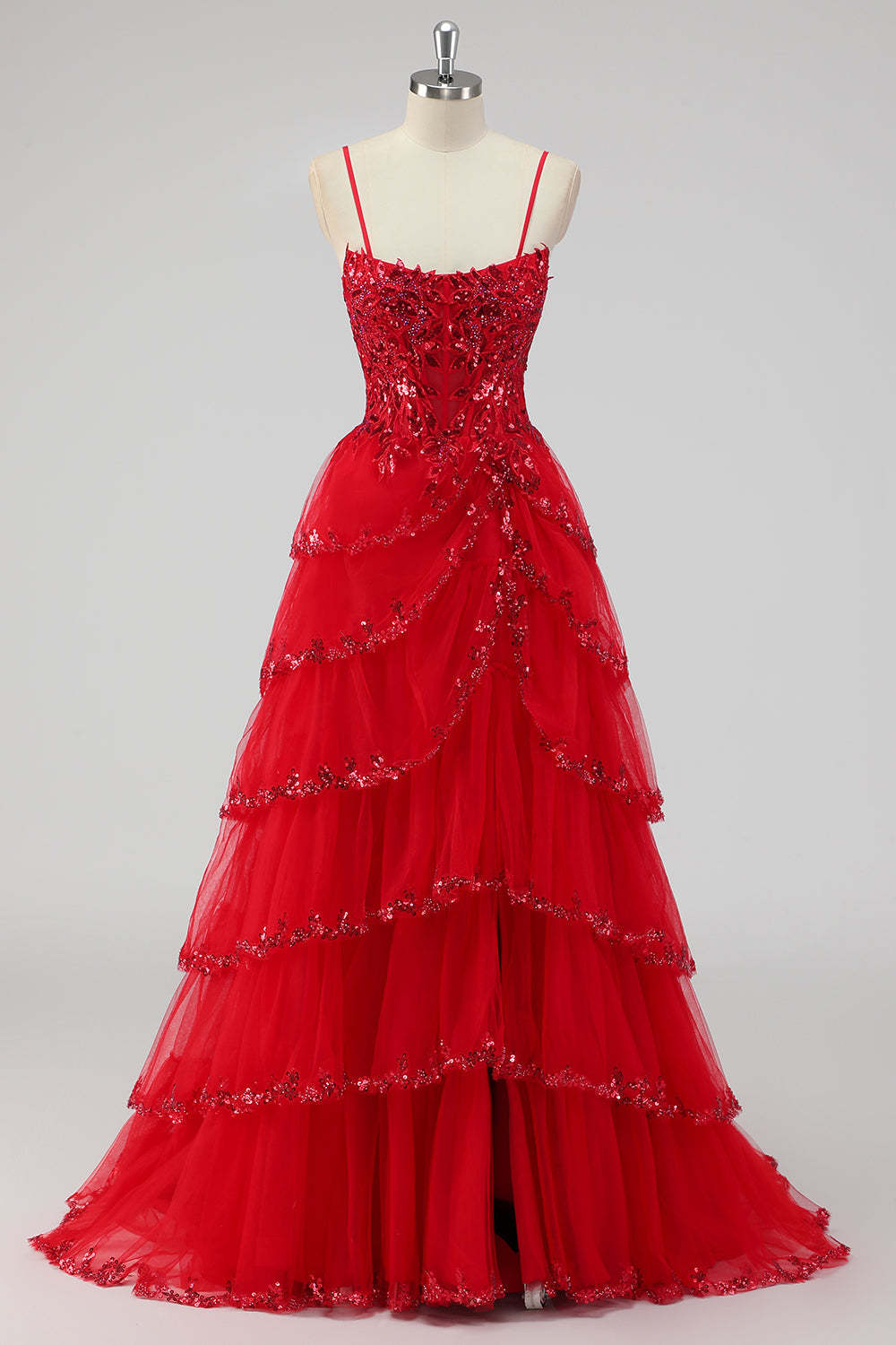 Sparkly Dark Red Sequins Corset Tiered Maxi Prom Dress with Slit