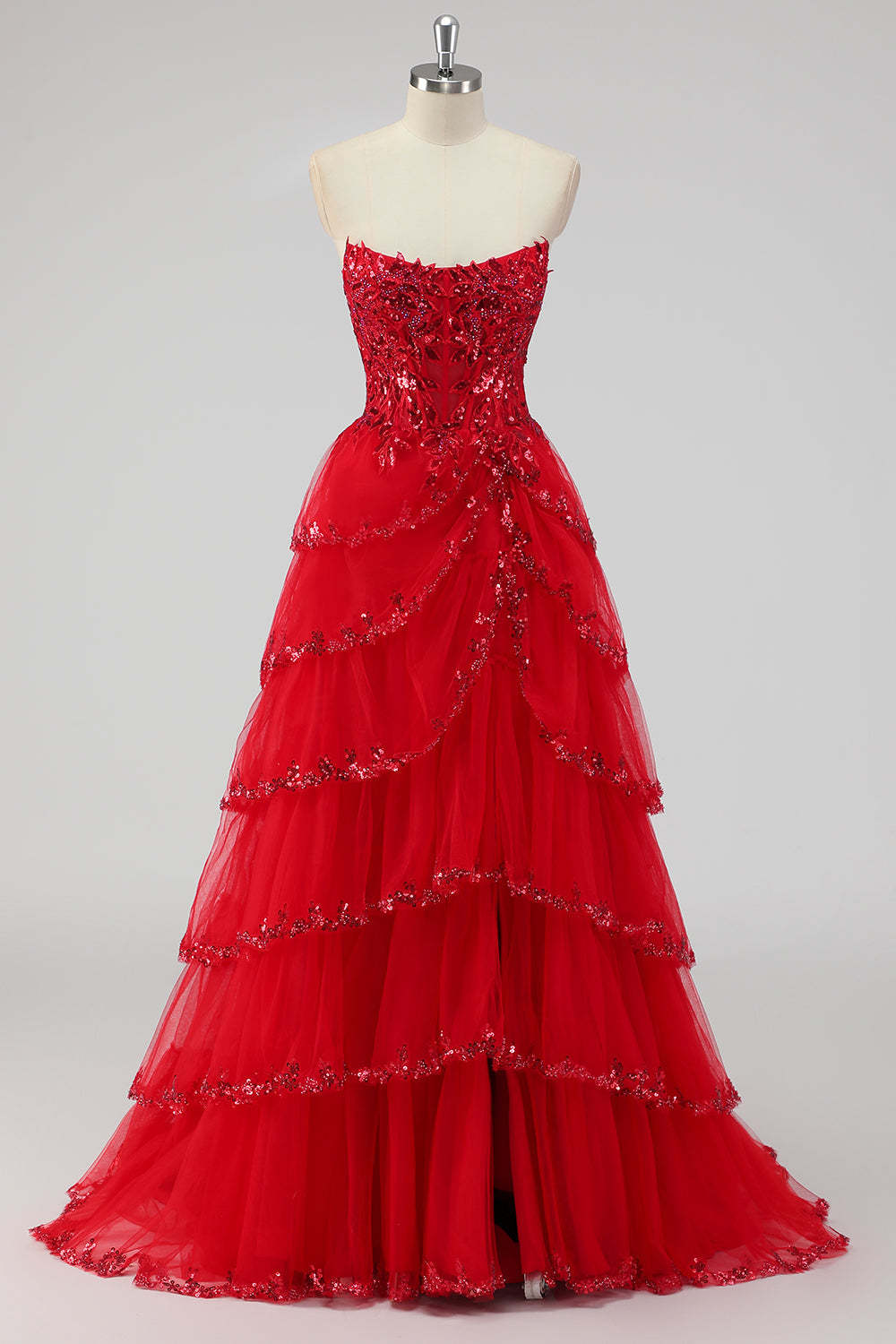 Sparkly Dark Red Sequins Corset Tiered Maxi Prom Dress with Slit