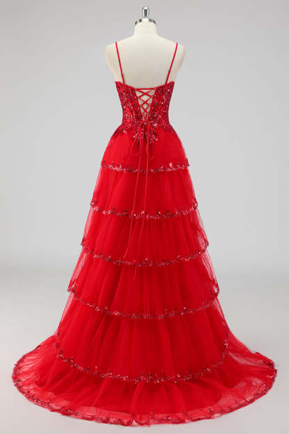 Sparkly Dark Red Sequins Corset Tiered Maxi Prom Dress with Slit