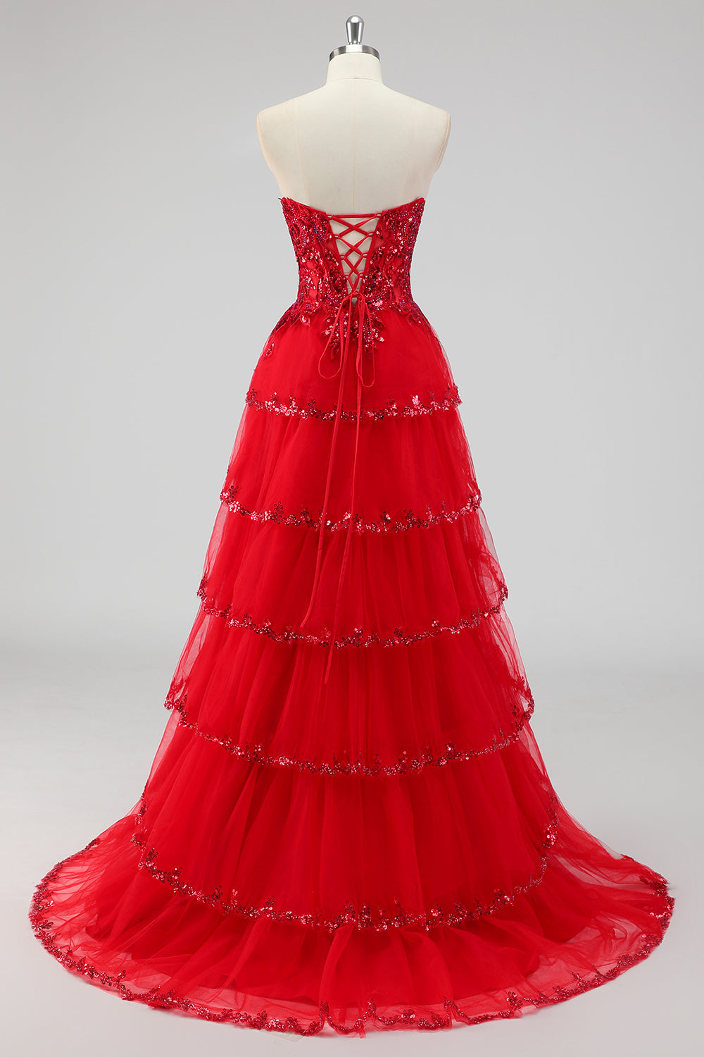 Sparkly Dark Red Sequins Corset Tiered Maxi Prom Dress with Slit