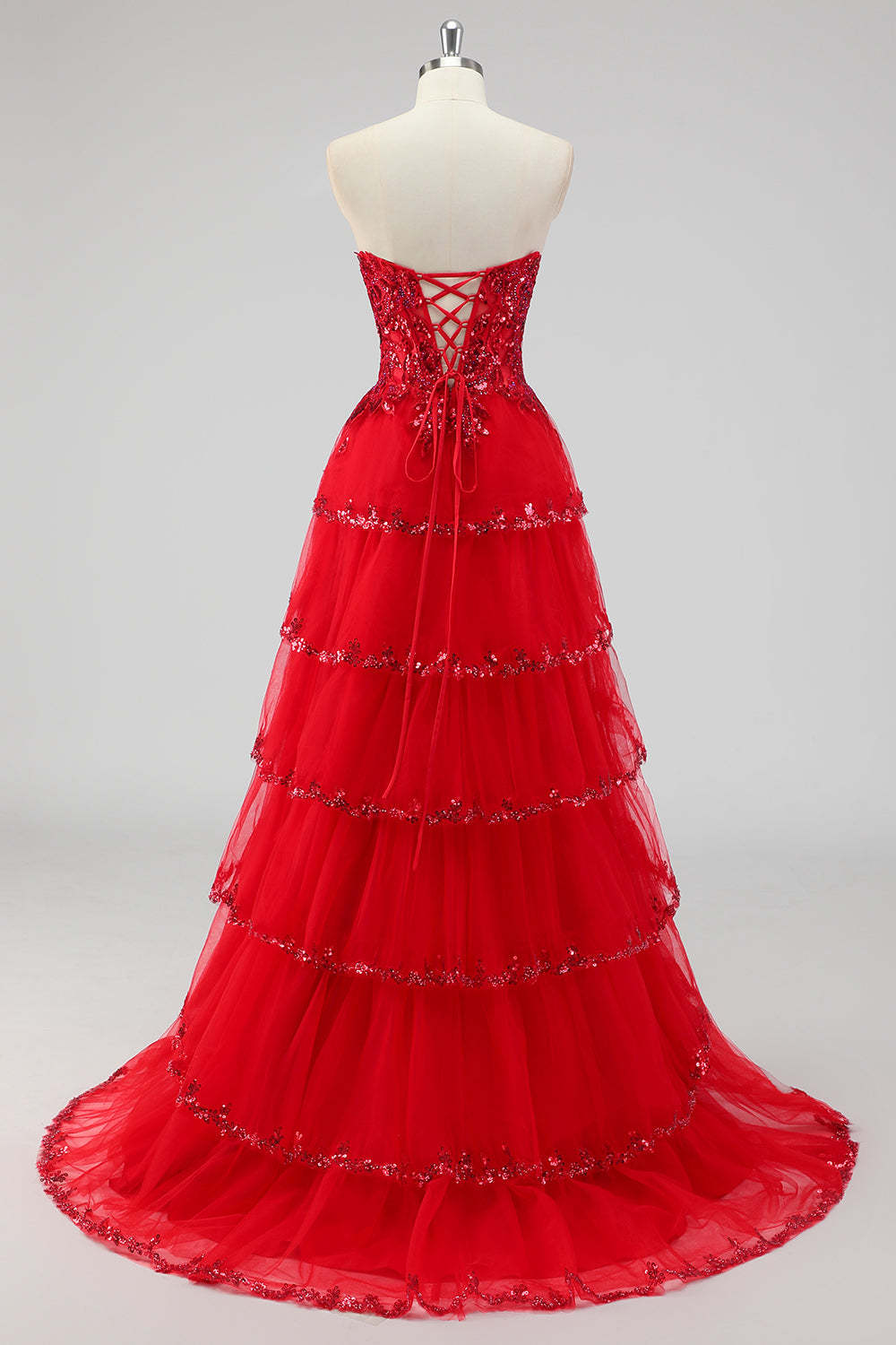 Sparkly Dark Red Sequins Corset Tiered Maxi Prom Dress with Slit