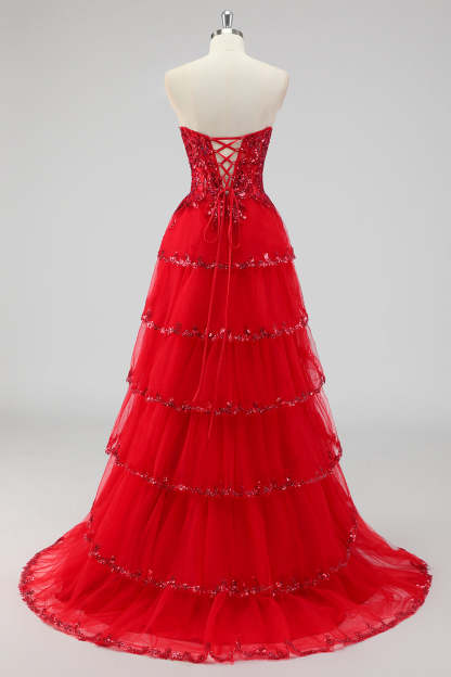 Sparkly Dark Red Sequins Corset Tiered Maxi Prom Dress with Slit