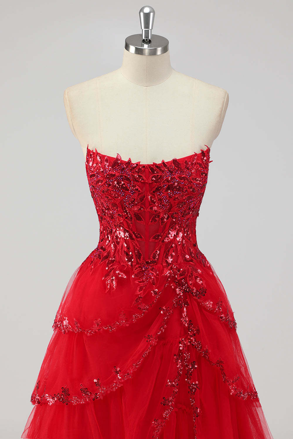 Sparkly Dark Red Sequins Corset Tiered Maxi Prom Dress with Slit