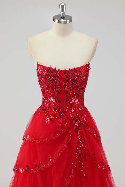 Sparkly Dark Red Sequins Corset Tiered Maxi Prom Dress with Slit