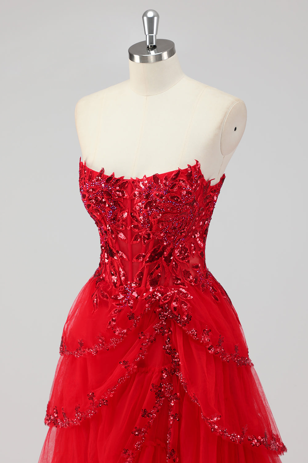 Sparkly Dark Red Sequins Corset Tiered Maxi Prom Dress with Slit