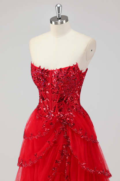 Sparkly Dark Red Sequins Corset Tiered Maxi Prom Dress with Slit