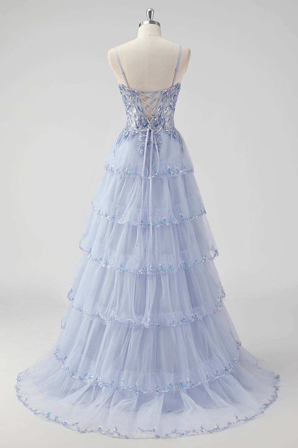 Sparkly Dark Red Sequins Corset Tiered Maxi Prom Dress with Slit