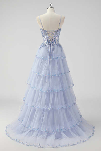 Sparkly Dark Red Sequins Corset Tiered Maxi Prom Dress with Slit