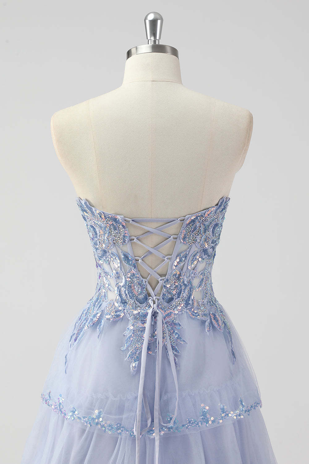 Sparkly Lavender Sequin Corset Tiered Maxi Prom Dress with Slit