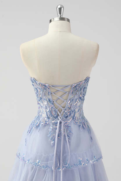 Sparkly Lavender Sequin Corset Tiered Maxi Prom Dress with Slit