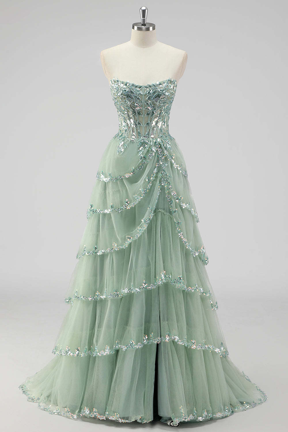 Sparkly Dark Red Sequins Corset Tiered Maxi Prom Dress with Slit