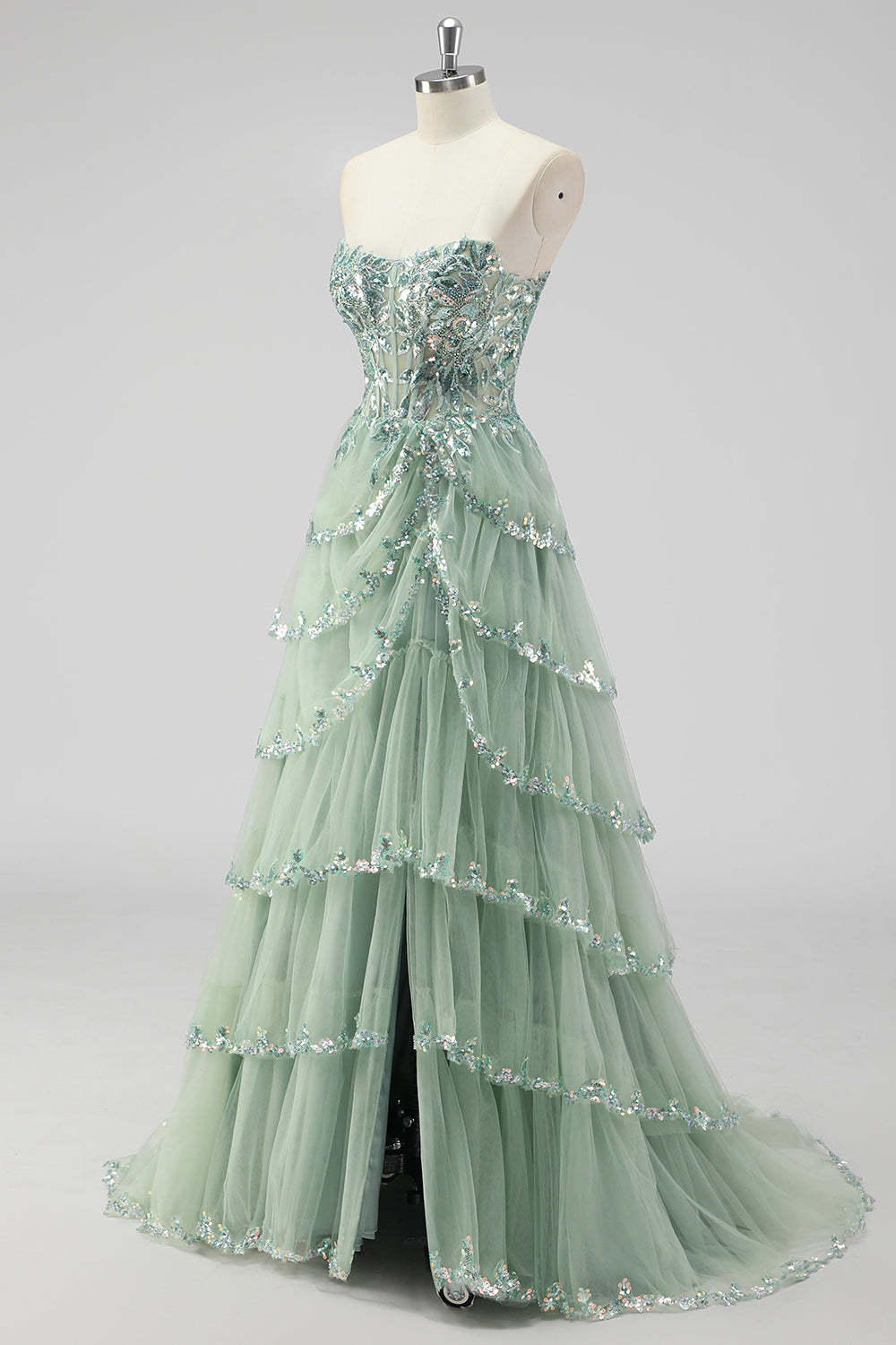 Sparkly Dark Red Sequins Corset Tiered Maxi Prom Dress with Slit