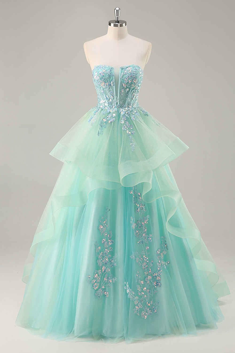 Sparkly Green Corset Strapless Maxi A Line Prom Dress with Ruffles