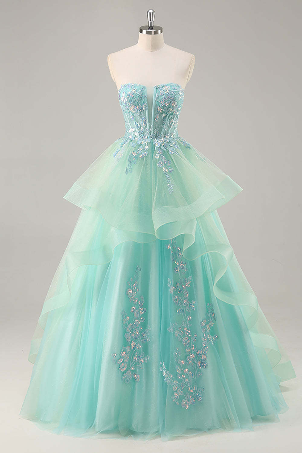 Leely Women Sparkly Green Corset Maxi Prom Dress with Appliques Strapless A Line Sweet 16 Dress